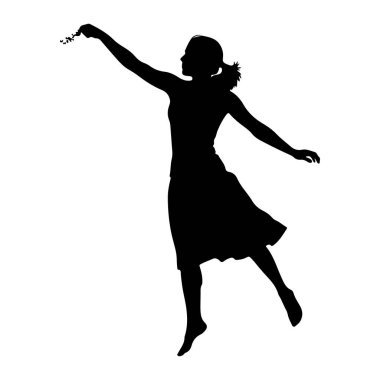 Siyah bir siluet, kollarını açmış, havada dans eden bir kadın. Sağ elinde küçük bir çiçek yaprağı kümesi tutuyor, dağılıyor gibi görünüyor. Sol kolu yana doğru uzanıyor, ve bacakları sanki...