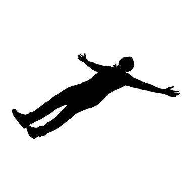 Siyah bir insan silueti, kolları açık ve geniş bir şekilde tasvir edilir. Şekil açılı, düz beyaz bir zemine doğru düşüyor ya da yüzüyor gibi görünüyor. Poz özgürlük, teslimiyet ya da neşe hissi veriyor..