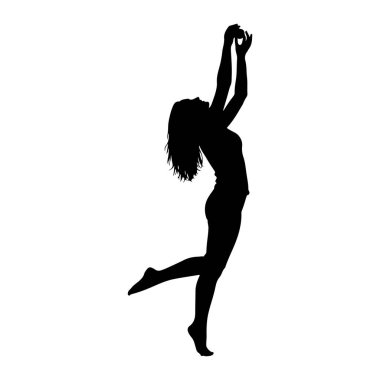 Kolları yukarıya doğru uzanmış, küçük bir küreye uzanan dinamik poziyondaki bir kadının siyah silüeti. Vücudu kavisli ve bir bacağı arkasına eğik hareket ve zarafeti gösteriyor. Arkaplan düz beyaz, figürü izole ediyor..