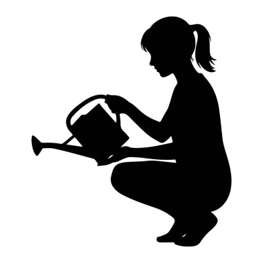 Saçları at kuyruklu genç bir kızın siyah silueti çömeliyor. Sulama kabını bir tutam su ile tutuyor ve su döküyormuş gibi eğiyor. Görüntü, beyaz arkaplandaki basit ve izole bir resimdir..