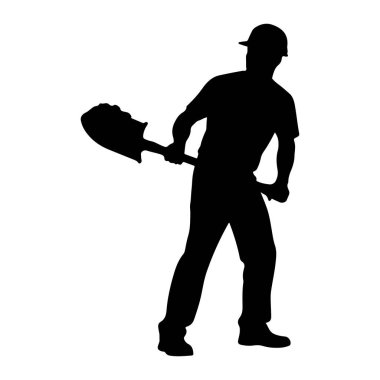 Siyah bir siluet. Sert bir şapka takan ve elinde kürek tutan biri. Kişi dinamik bir pozla tasvir edilir, bu da onun kazma veya malzeme taşıma sürecinde olduğunu gösterir. Siluet beyaz bir arkaplan üzerinde izole edilir.