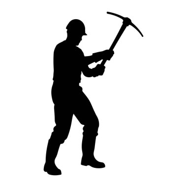 Siyah şapkalı ve iş kıyafetleri giyen bir kişinin silueti profilde, bir kazma sallarken resmediliyor. Şekil, bacakları ayrık bir şekilde konumlandırılarak bir çaba ve eylem hissi veriyor. Kazma iki eliyle tutulur, başı açılı olur.