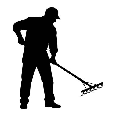 Siyah bir siluet, beyaz arka planda şapka, gömlek, pantolon ve ayakkabı giyen bir adam tasvir edilir. Sağ eli sapında ve sol eli daha aşağıda bir tırmık tutuyor, tırmıklama hareketi yapıyor gibi görünüyor. Tırmığın... 