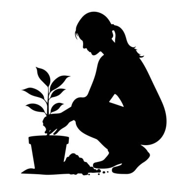 Siyah bir siluet çömelmiş bir kişiyi tencereye küçük bir tohum ekerken tasvir eder. Tencerenin etrafına saçılmış toprak bahçıvanlık yaptığını gösteriyor. Kişinin elleri dikkatlice bitkiye bakıyor, yaprakları yukarıya doğru uzanıyor. T