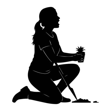 Ellerinde küçük bir saksı bitkisi tutan, diz çökmüş bir kişinin siyah silueti. Bir alet, muhtemelen bir mala, onların yanındaki toprağa yerleştirilir. Kişinin ağzı açık, ya konuşuyor ya da haykırıyor. Geri kafalı.