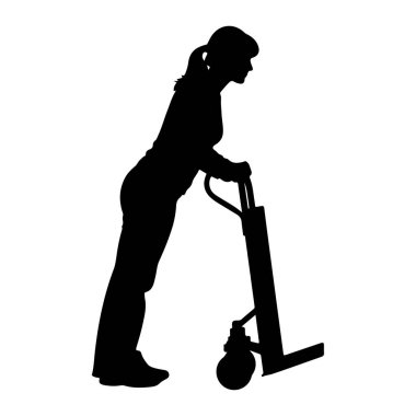 Yandan siyah bir kadın silueti gösteriliyor, palet krikosu çekiyor. Pantolon ve ayakkabı giyiyor ve saçları at kuyruğu şeklinde geri çekiliyor. Palet krikosunun sapı ve tekerlekleri olan bir kaldırma mekanizması var. Arkaplan beyaz.