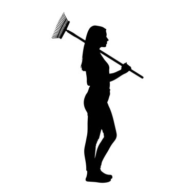 Siyah siluet bir kadın profilde duruyor, sağa bakıyor. O, pantolon, tişört ve ayakkabı da dahil olmak üzere günlük giysiler giyiyor. Kadın omuzlarının üzerinde tırmık izleriyle yatay olarak tırmığı tutuyor.