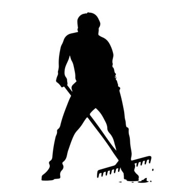 Siyah bir siluet bacakları açık, elinde tırmıkla ayakta duruyor. Tırmık, dişleri küçük siyah şekilleri, muhtemelen yaprakları ya da enkazı topluyor ya da hareket ettiriyor gibi görünüyor. Arka plan bembeyaz..