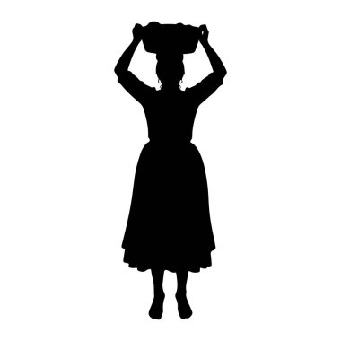 Siyah bir kadın silueti beyaz bir arkaplanda duruyor. O uzun, uzun bir etek ve uzun kollu bir bluz giyiyor. Kolları havada, kafasının üstünde görünmeyen bir nesneyle dolu bir sepet tutuyor. Küpe de takıyor..