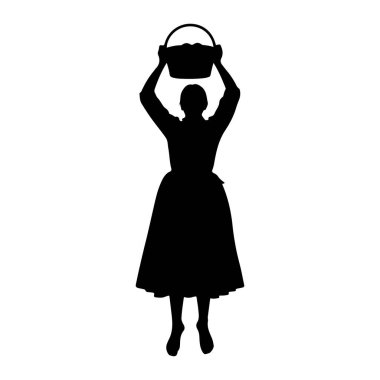 Beyaz arka planda duran siyah bir kadın silueti. O uzun bir etek giyiyor ve kolları başının üstünde bir sepet tutuyor. Sepette bazı eşyalar var..