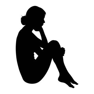 Siyah bir kadın silueti dizleriyle göğsüne doğru kıvrılarak oturuyor. Kafası elinde dinleniyor ve bakışları düşünceli ve düşünceli bir şekilde aşağıya doğru yönelmiş gibi görünüyor. Siluet, düz beyaz bir ba 'ya karşı izole edilmiştir.