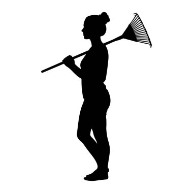 Siyah siluet bir kadın profilde duruyor, sola bakıyor. Saçlarını topuz şeklinde toplamış. Sağ omzunun üzerinde bir bahçe tırmığı tutuyor, dişleri yukarı ve sağa bakıyor. Tırmığın uzun bir sapı ve fan şeklinde bir kafası var. 