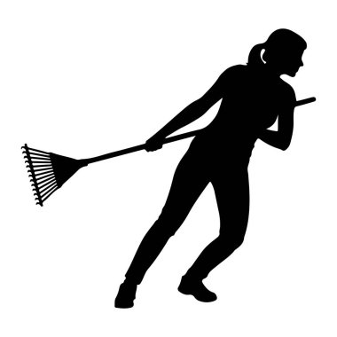 Yandan siyah bir siluet tasvir edilir, etkin bir şekilde tırmıklanır. Uzun saplı bir tırmık tutuyor, dişleri geniş ve aşağıya doğru eğimli, sanki malzeme topluyormuş gibi. Vücudu hareket ediyor, öne doğru eğiliyor, bir bacağı uzanıyor, şekerim.