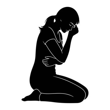 Beyaz arka planda diz çökmüş siyah bir kadın silueti. Başı eğik ve eli alnına bastırılmış, bu da acı ya da üzüntü olduğunu gösteriyor. Onun saçı at kuyruğu ile geri çekiliyor ve o basit bir gömlek giyiyor. Onun ana hatları.