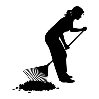 Yandan siyah bir kadın silueti tasvir edilir, eğilir ve bir tırmıkla dökülen yaprakları toplar. Kadının saçı at kuyruğu şeklinde bağlanmış ve bol pantolon giyiyor. Tırmığın sapı uzun ve yelpaze şeklinde.