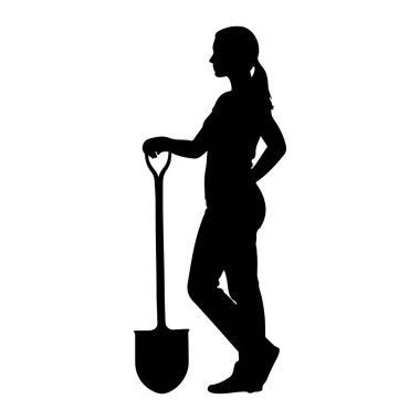 Profilde elinde kürekle duran siyah bir kadın silueti. Kadının saçları at kuyruğu şeklinde bağlanmış ve günlük giysiler giyiyor. Kürek dikey olarak onun yanına yerleştirilmiş, bıçak da yerde duruyor. Arkaplan 