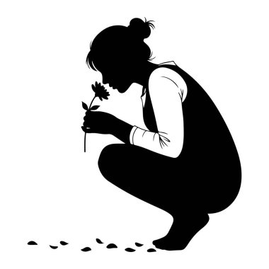Çömelmiş ve tek bir çiçeği koklayan siyah bir kadın silueti. Uzun kollu bir bluz giyiyor ve saçı topuz şeklinde bağlanmış. Etrafına dağılmış beyaz bir arka planda birkaç koyu yaprak şekilleri var..