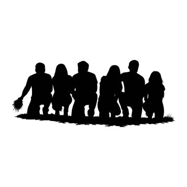 Siyah bir siluet, bir çimen parçasında diz çökmüş altı kişilik bir grubu tasvir ediyor. Rakamlar belden yukarısına doğru, kafaları ve omuzları beyaz bir arkaplanda açıkça belirtilmiştir. En sol figür tek dizinin üstünde duruyor, Holdi.