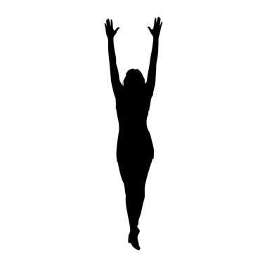 Kollarını başının üstüne kaldırmış siyah bir kadın silueti. Elleri açık ve parmakları açık. Siluet beyaz bir arkaplanda izole edilmiş..