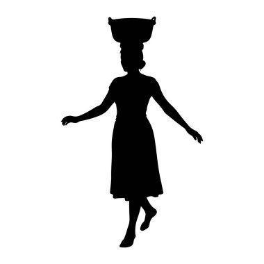 Kafasında büyük, siyah bir sepeti dengeleyen, göğsünden yukarıya doğru siyah bir kadın silueti tasvir edilir. Uzun, dalgalı bir etek giyiyor ve kolları yanlara doğru açık, denge ve hareket izlenimi veriyor. Rakam izole edilmiştir. 