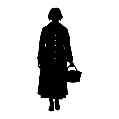 Siyah bir kadın silueti, sağ elinde muhtemelen elmalarla dolu yuvarlak nesnelerle dolu bir sepet tutarak öne doğru bakıyor. Önünde birkaç düğmesi olan uzun bir ceket giyiyor ve kısa, dalgalı saçları var. Siluet izole edilmiş. 