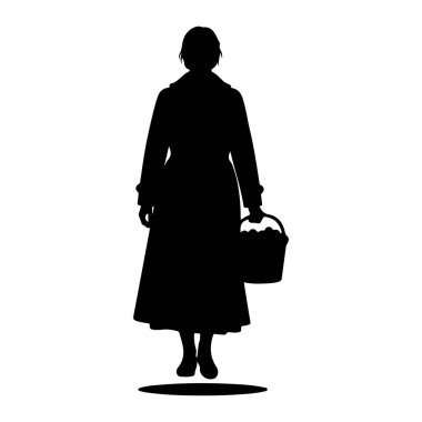 Siyah bir kadın silueti beyaz bir arkaplanda duruyor. Uzun bir palto giyiyor ve içi yuvarlak nesnelerle dolu bir sepet tutuyor, muhtemelen meyve. Ayakları birleşti ve altında bir gölge belirdi..