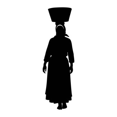 Kafasında büyük, geniş kenarlı bir sepet taşıyan siyah bir kadın silueti öne bakıyor. Uzun, dalgalı bir etek ve bluz ya da kollu tunik gibi görünen bir elbise giyiyor. Başının etrafında bir başörtüsü görünüyor., 
