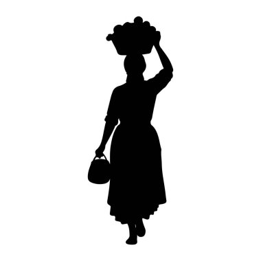 Yan taraftan yürüyen siyah bir kadın silueti. O, uzun bir etek ve bir bluz ile geleneksel giysiler giyiyor. Yuvarlak nesnelerle dolu bir sepet taşıyor, muhtemelen meyve, kafasında dengeli. Sol elinde küçük bir çanta tutuyor..