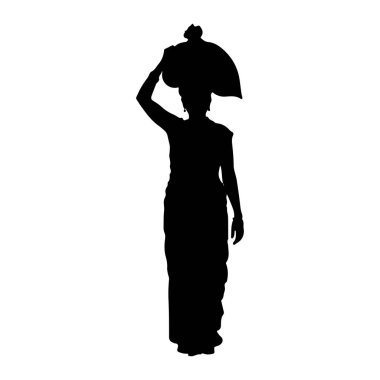 Siyah bir kadın silueti beyaz bir arkaplanda duruyor. Geleneksel kıyafetler giyiyor, muhtemelen bir sari, ve kafasında büyük, yuvarlak bir sepet var. Sağ kolu sepeti sabitlemek için kaldırılırken, sol kolu sepetin yanında asılı duruyor.