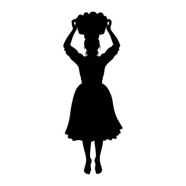 Siyah bir siluet kadın kolları havada duruyor, kafasında eşyalarla dolu büyük, yuvarlak bir sepeti dengeliyor. Uzun bir etek ve üzerine oturan bir bluz giyiyor. Bu da geleneksel bir kıyafet olduğunu gösteriyor. Siluet beyaz bir arkaplanda yalın,