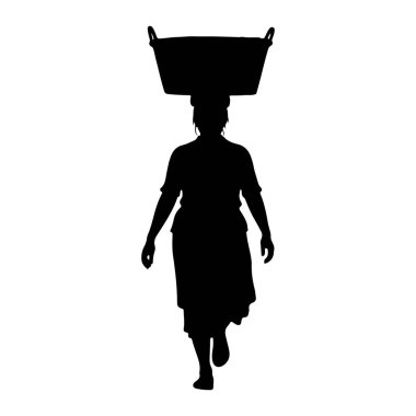 Kafasında büyük bir sepet taşıyan siyah bir kadın silueti. Geleneksel kıyafetler giyiyor, etek ve gömlek de dahil. Resim beyaz bir arkaplanda izole edilmiştir.