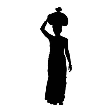 Siyah bir kadın silueti beyaz bir arkaplanda duruyor. Geleneksel kıyafetler giyiyor, muhtemelen bir sari, ve kafasında büyük, yuvarlak bir demet var. Sağ kolu desteyi desteklemek için kalkıyor, ve sol kolu aşağı sarkıyor.