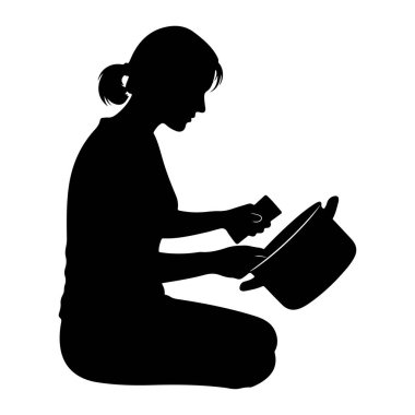 Diz çöküp tencereyi temizleyen siyah bir kadın silueti. Elinde küçük dikdörtgen bir nesne tutuyor, muhtemelen bir sünger ya da bez, ve tencerenin içini fırçalıyor gibi görünüyor. Arkaplan beyaz.