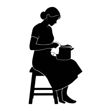 Taburede oturan, tencereye bakan siyah bir kadın silueti. Elinde bir bez tutuyor, yemek pişiriyor ya da hazırlıyor gibi görünüyor. Görüntü, beyaz arkaplana karşı basit, tek renkli bir resimdir..