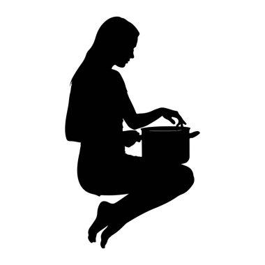 Tencerede oturup yemek hazırlayan siyah bir kadın silueti. Elleri tencerenin üzerine yerleştirilmiş. Karıştırdığını ya da malzeme eklediğini gösteriyor. Resim beyaz bir arkaplanda izole edilmiştir.