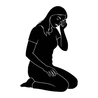 Siyah bir siluet bir kadın gözleri kapalı ve elleri yüzü önünde diz çökmüş ağlıyor ya da acı çekiyor gibi görünüyor. Saçları uzun ve yüzüne dökülüyor. O bir tişört ve pantolon giyiyor. Resimlerin hepsi siyah-beyaz.