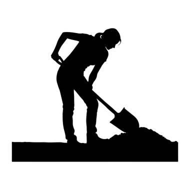 Siyah bir kadın silueti bir kürekle toprak yığınını kazarken resmediliyor. Pantolon ve gömlek giyiyor, saçı arkaya çekilmiş. Resim, kazma eylemini ve kullanılan aracı vurgulayan beyaz bir arkaplan üzerinde izole edilmiştir.