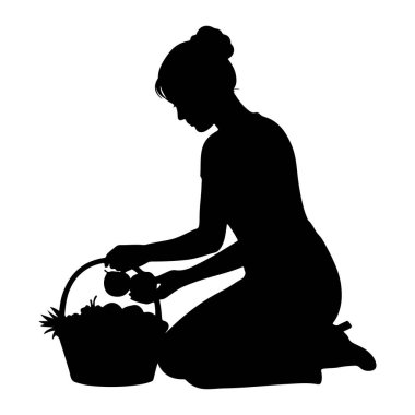 Diz çökmüş siyah bir kadın silueti. O bir elbise giyiyor ve onun saçı yukarı çekildi. Önünde meyve dolu bir sepet vardı ve elinde iki parça meyve tutuyordu. Onları sepetten topluyor gibi görünüyordu.