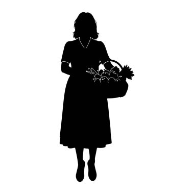 Elma ve sebzeler de dahil olmak üzere çeşitli ürünlerle dolu bir sepeti tutan siyah siluet bir kadın. Bu figür tüm vücuttan tasvir edilir ve sepet onun önüne yerleştirilir. Görüntü basit, grafik bir illüstrasyon aga