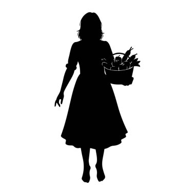 Elma, biber ve havuç gibi çeşitli meyvelerle dolu bir sepeti ayakta tutan bir kadının siyah silueti. Kadın uzun bir elbise giyiyor ve saçı şekilli. Görüntü, beyaz arkaplanda basit ve izole bir grafiktir..