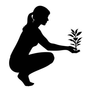 Elinde küçük bir bitki tohumu tutan ve çömelmiş bir kadının siyah silueti. Bitkinin bir sapı, kalp şeklinde bir tomurcuğu ve birkaç yaprağı var. Kadının profili gösteriliyor, saçları at kuyruğu şeklinde geri çekiliyor. Görüntü izole.