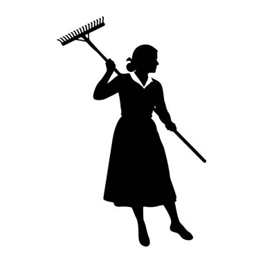 Beyaz arka planda siyah bir kadın silueti tasvir edilir. O, yakalı bir elbise giyiyor ve saçını arkaya bağlıyor. Omzunun üstünde bir tırmık tutuyor ve diğer eliyle sapını tutuyor. Bu da onun G ile nişanlandığını gösteriyor.