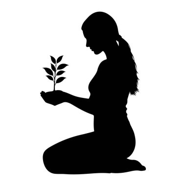 Elleri kavrulmuş, birkaç yaprağı olan küçük yeşil bir fidanı nazikçe tutan bir kadının siyah silueti. Arka plan bembeyaz..