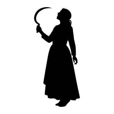 Uzun, dalgalı bir elbise giyen ve sağ elinde orak tutan bir kadının siyah silueti. Kafası geriye doğru eğilmiş, yukarı bakıyor. Siluet beyaz bir arkaplanda izole edilmiş..