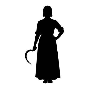 Siyah bir kadın silueti beyaz bir arkaplanda duruyor. O uzun, dalgalı bir elbise ve bir şapka giyiyor. Sol eli kalçasında ve sağ eli bir orak tutuyor. Silüet detaylı, elbisenin kıvrımlarını gösteriyor ve...