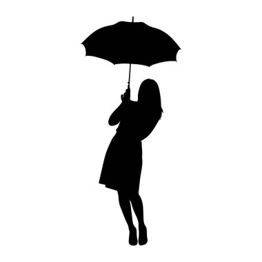 Ayakta duran ve kafasının üstünde açık bir şemsiye tutan siyah bir kadın silueti. Kadın bir elbise ve yüksek topuklu ayakkabı giyiyor. Arkaplan beyaz.
