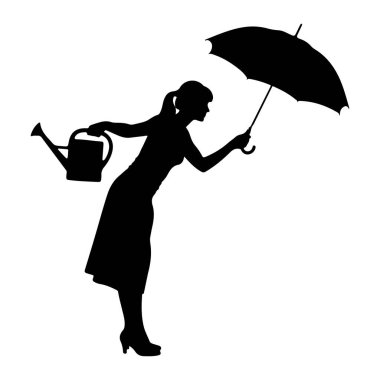 Beyaz arka planda siyah bir kadın silueti tasvir edilir. O, sol elinde bir sulama kutusu ve sağ elinde açık bir şemsiye tutuyor. Kadın bir elbise ve yüksek topuklu ayakkabı giyiyor. Saçları at kuyruğu şeklinde geri çekiliyor. Şşş
