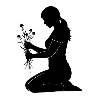 Diz çöküp sola bakan siyah bir kadın silueti. Elinde ince sapları ve ellerinde küçük çiçekleri olan bir buket çiçek tutuyor. Çiçekler ve saplar da siyah siluetler olarak beyaz bir arkaplan üzerinde oluşturulmuştur..