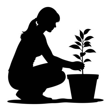 Bir tencereye küçük bir tohum ekmeye çömelmiş siyah bir kadın silueti. Kadının saçları at kuyruğu şeklinde bağlanmış ve günlük giysiler giyiyor. Tohumu toprağa yerleştirirken elleri nazikçe fidyenin sapını tutuyor. Şey... 