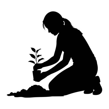 Bir kadının siyah silueti yere çömelmiş, çömleğe küçük bir tohum ekiyor. Tencereyi iki eliyle tutuyor ve önünde bir yığın toprak görünüyor. Tohumun birkaç yaprağı var. Arkaplan beyaz.